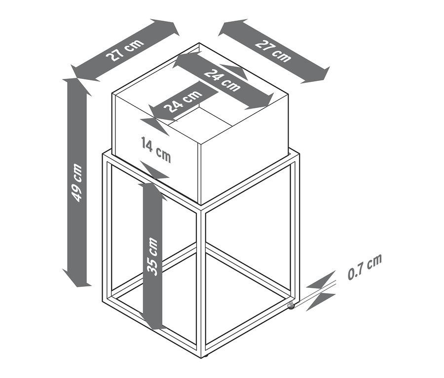 Ölçüleri belirtilmiş kutu saksı çizimi.