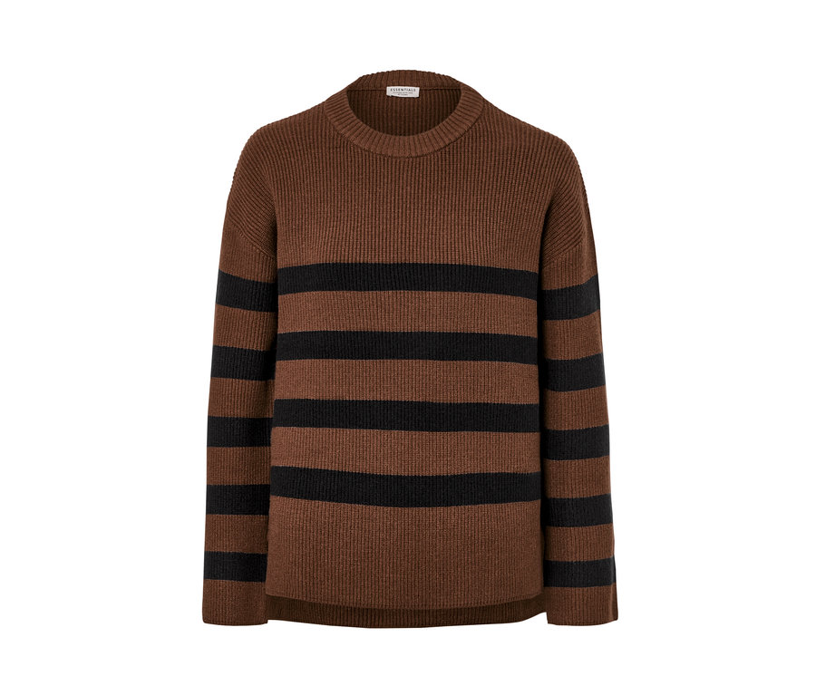 Siyah çizgili kahverengi örgü kazak.