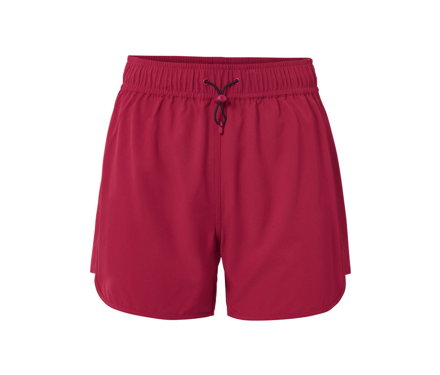 Büzgülü lastikli ve bağcıklı, mürdüm rengi şort mayo.