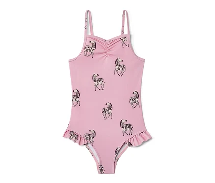 Zebra baskılı pembe fırfırlı mayo.
