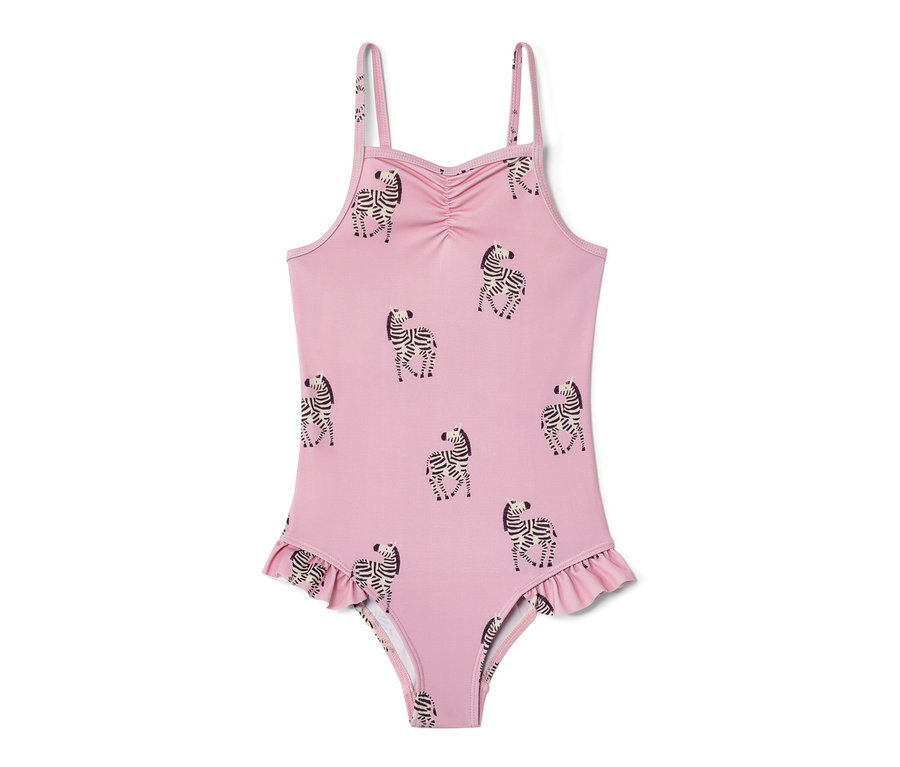 Zebra baskılı pembe fırfırlı mayo.