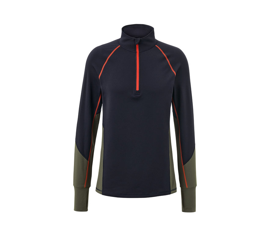 Kırmızı fermuarlı, lacivert ve yeşil renkli, uzun kollu fonksiyonel termal tişört.