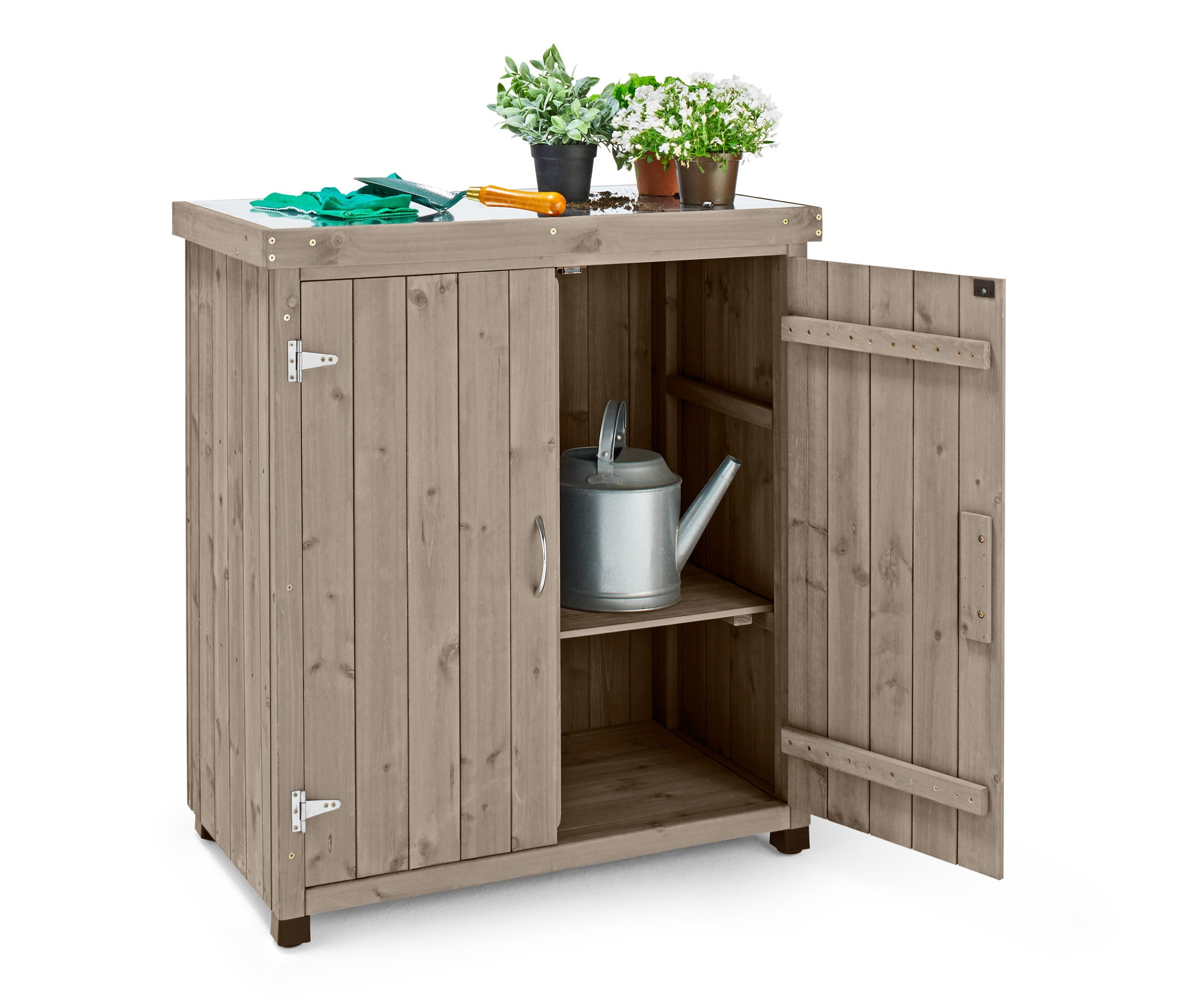 Açık duran, galvanizli çalışma tezgahlı Küçük Bahçe Dolabı »Jonte« üzerinde saksı çiçekleri ve bahçıvan eldivenleri bulunuyor.