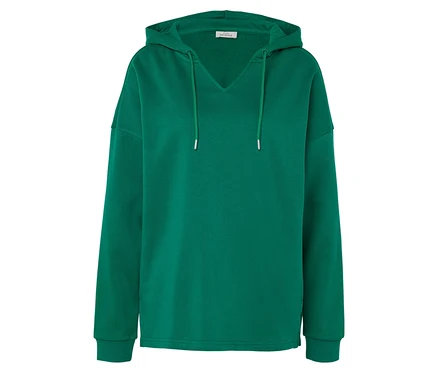 İpli, yeşil kapüşonlu sweatshirt.