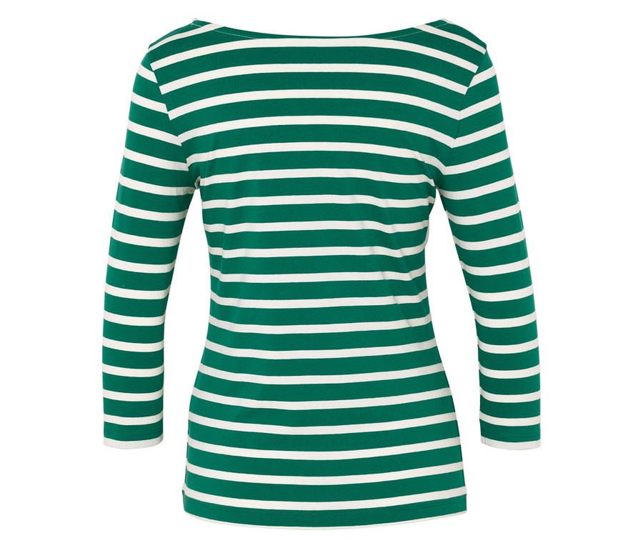 Yeşil ve beyaz çizgili uzun kollu tişört.