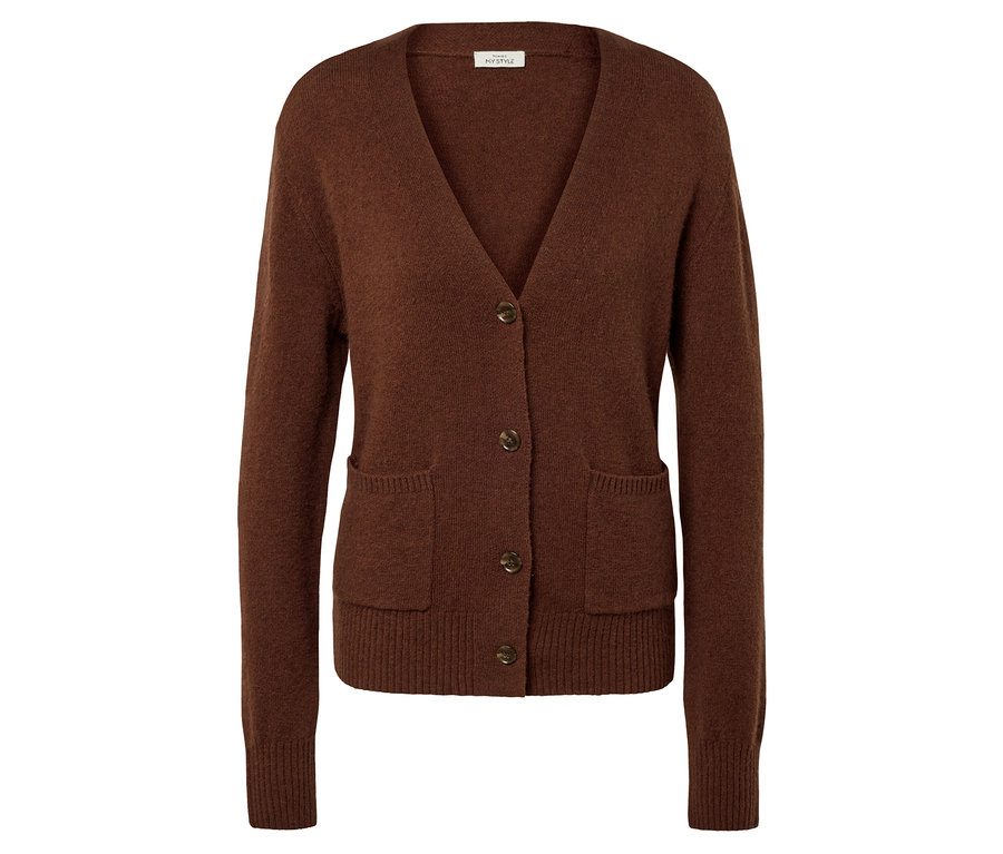 Kahverengi V yaka, düğmeli ve cepli triko hırka..