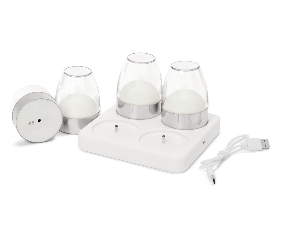Akku-Tischleuchten-Set mit Ladestation und USB-Kabel.