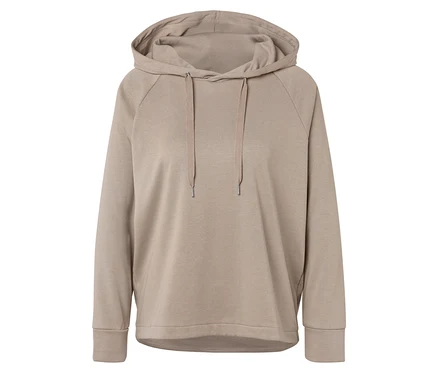 Bej rengi kapüşonlu, bağcıklı bir sweatshirt.