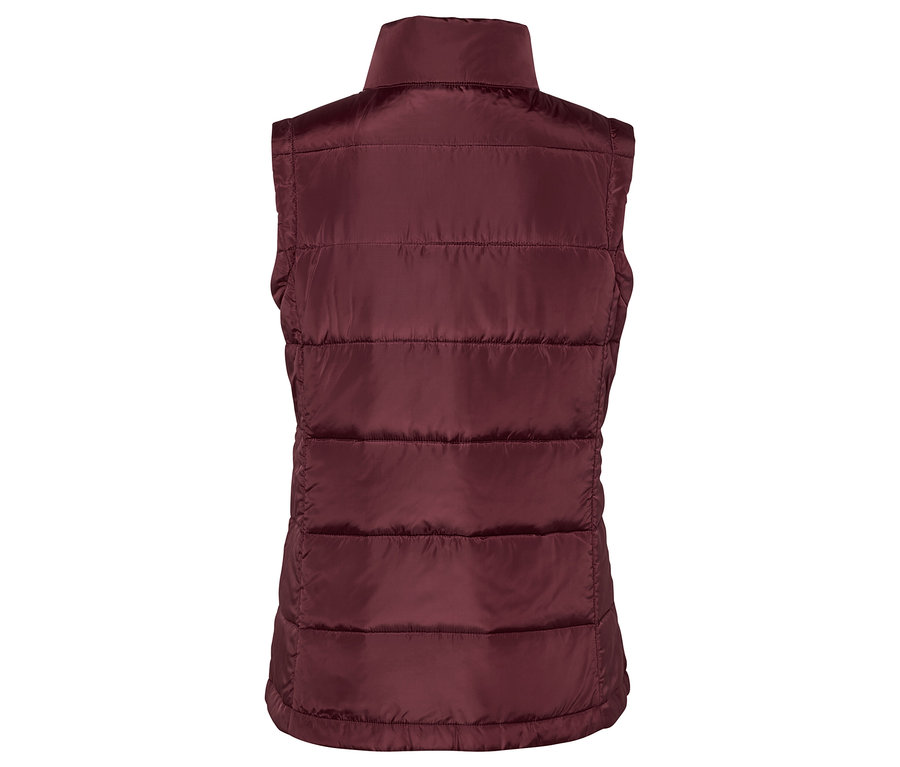 Bordo, dik yakalı, kapitone yelek.