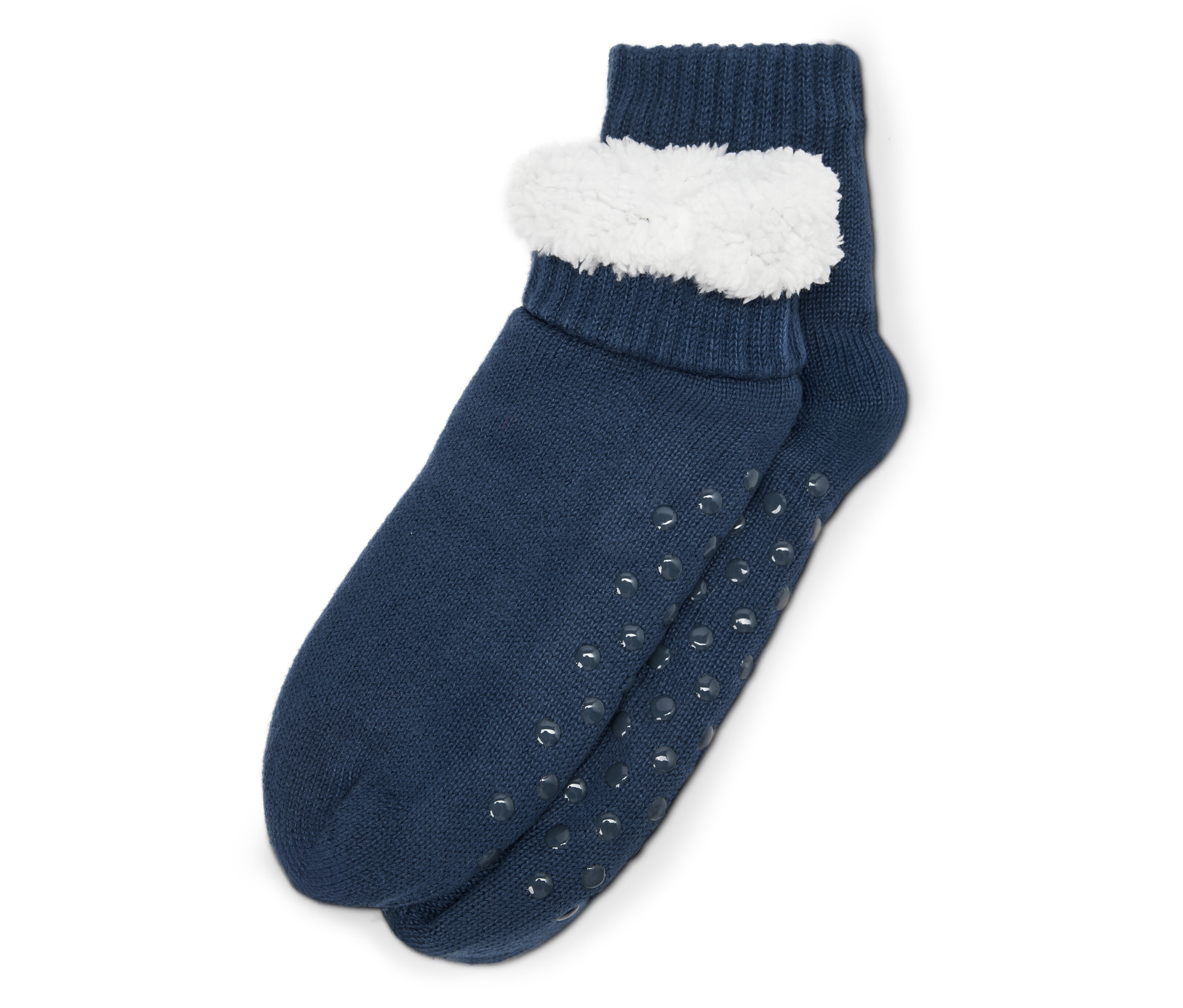 Kaymaz tabanlı ve beyaz kenarlı bir çift lacivert çorap.
