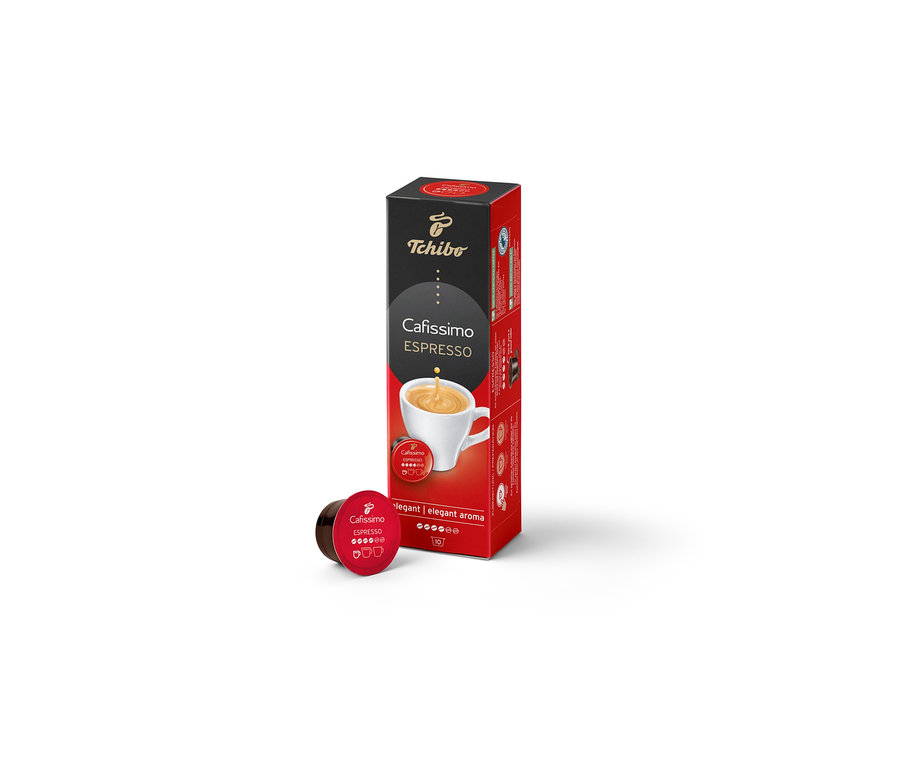 Bir paket Cafissimo Espresso Elegant Aroma ve bir kapsül. Paketin üzerinde bir fincan kahve var.