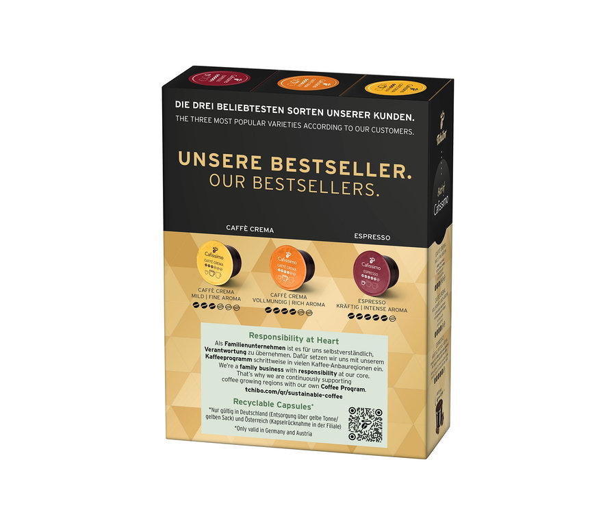 Cafissimo Best of Cafissimo 30 Kapsül paketinde üç çeşit bulunur: Caffè Crema Mild Fine Aroma, Caffè Crema Vollmundig Rich Aroma ve Espresso Kräftig Intense Aroma.
