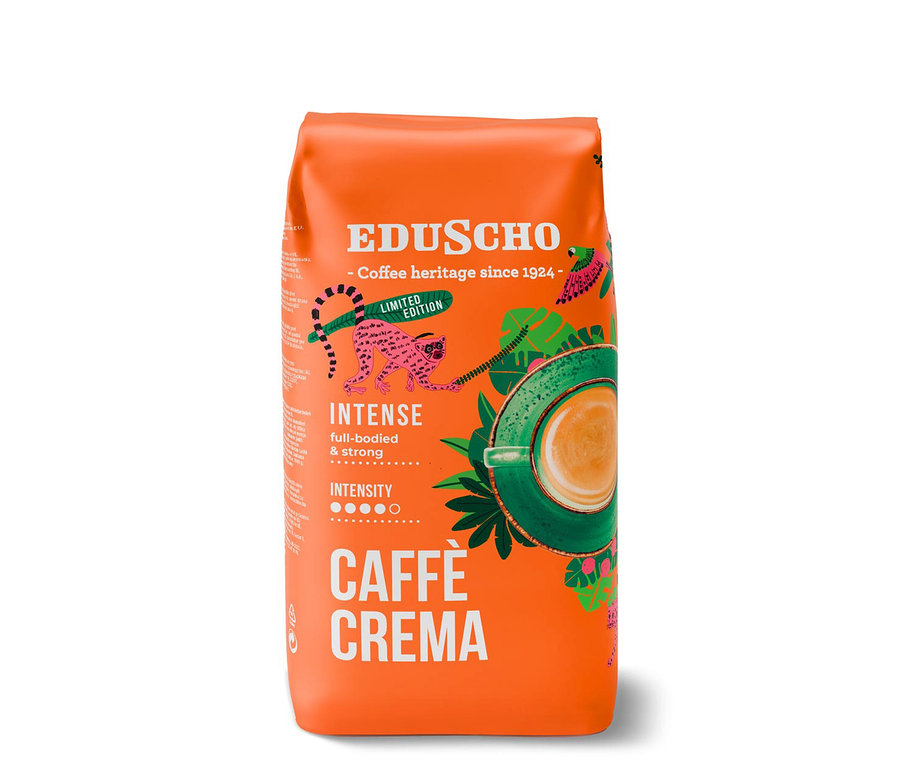 Turuncu renkli Eduscho Caffè Crema Intense kahve çekirdekleri paketi üzerinde bir kedi ve bir fincan kahve resmi bulunmaktadır.