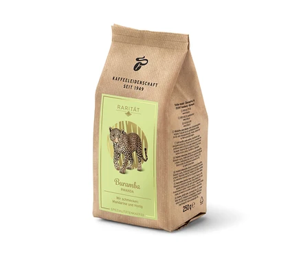 Leopar resimli Tchibo Rarität Buramba Rwanda Spezialitätenkaffee paketi.