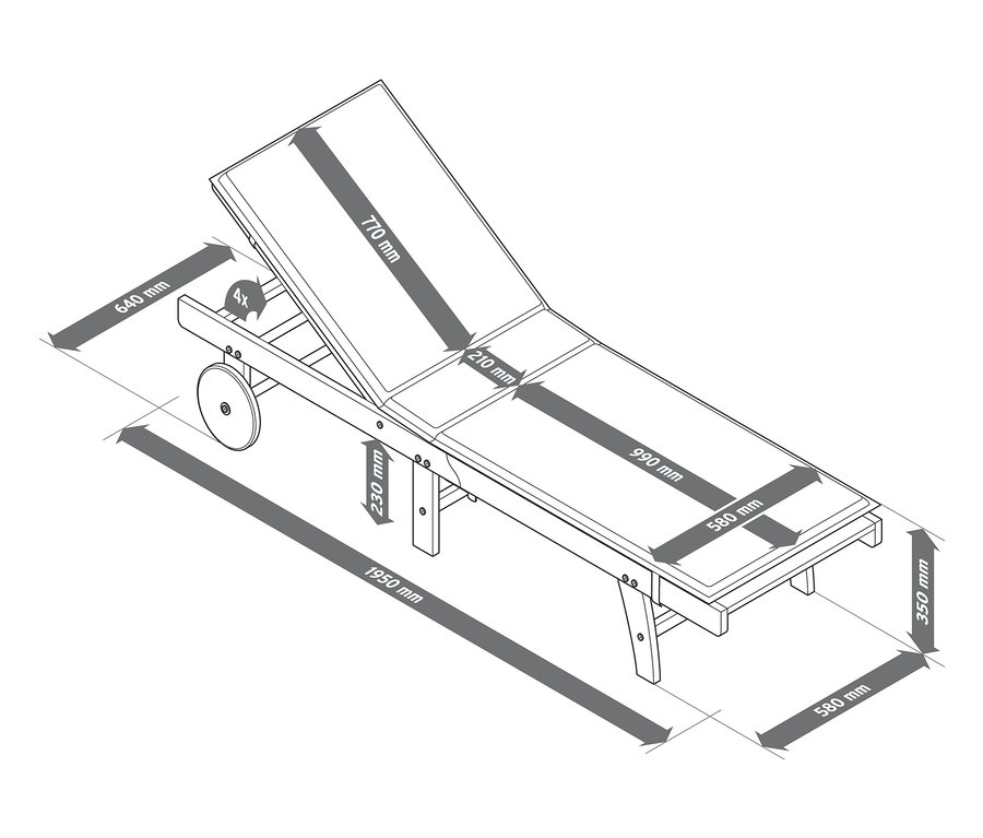 »Leira« Şezlong, Minderli ölçüleri.