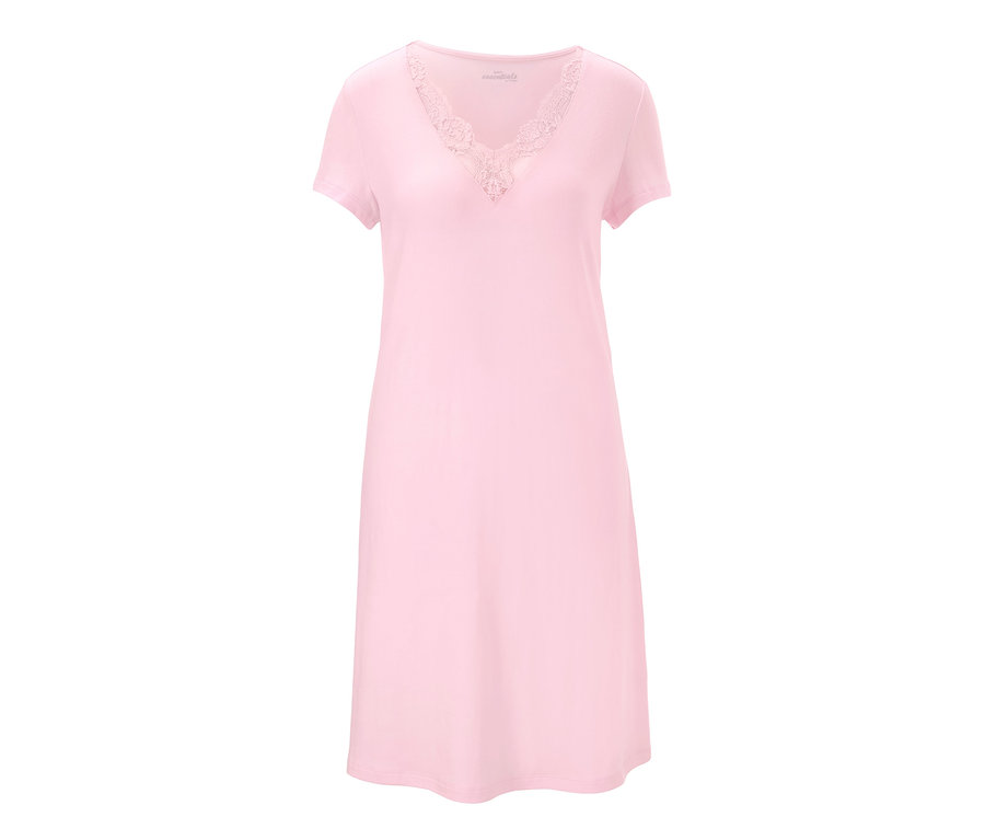 Pembe, kısa kollu, dantel yakalı gecelik.