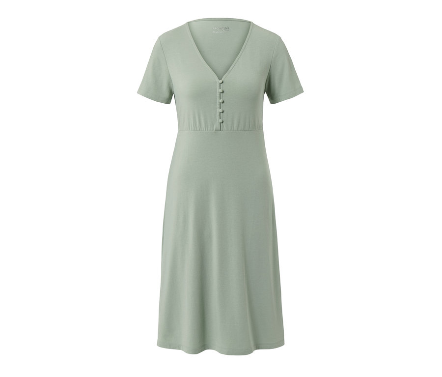 Düğmeli, kısa kollu, yeşil renkli organik pamuklu gecelik.