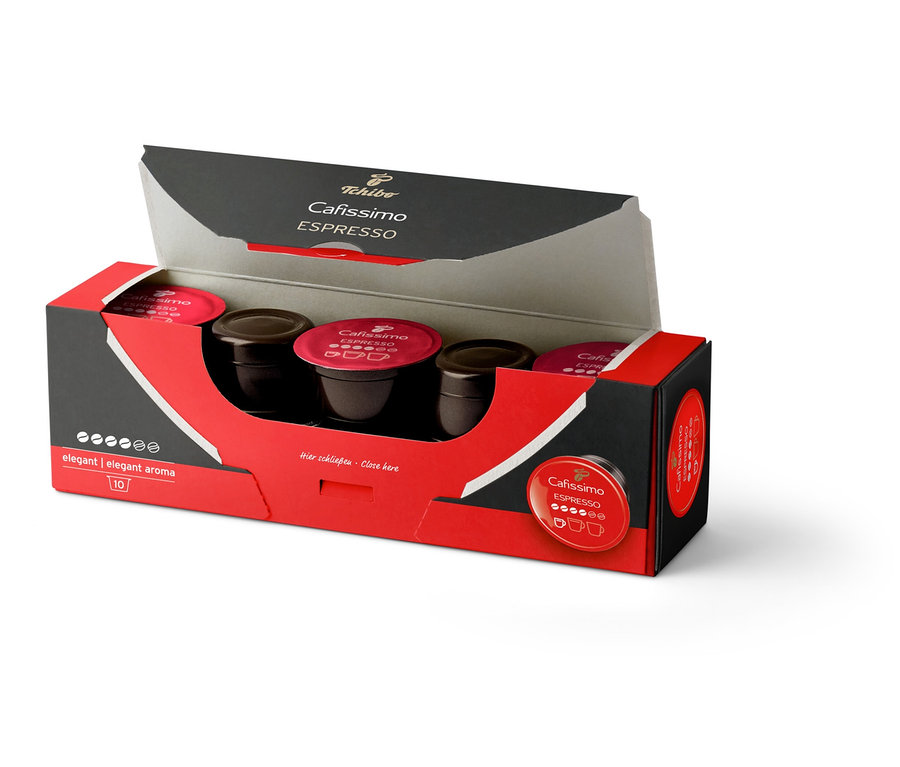 İçinde 10 kapsül bulunan açık Cafissimo Espresso elegant paketi.