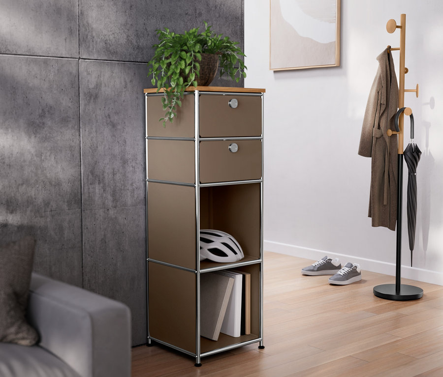 Ahşap tablalı ve 2 çekmeceli dar metal »CN3« şifonyer, vizon rengi, portmanto ve ahşap tablalı ve 2 çekmeceli dar metal »CN3« şifonyer, beyaz.