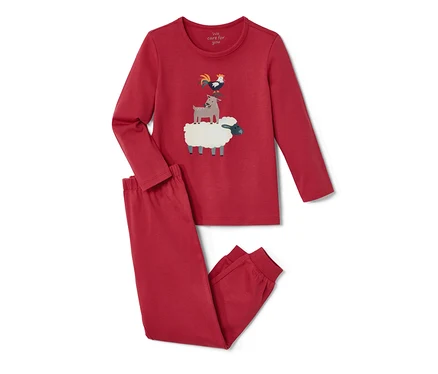 Hayvan baskılı kırmızı küçük çocuk pijama takımı.