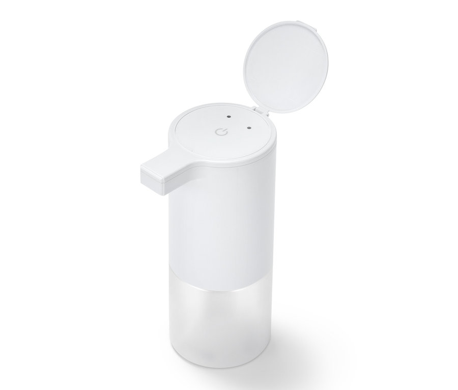 Açık kapaklı, beyaz, sensörlü sıvı sabunluk.