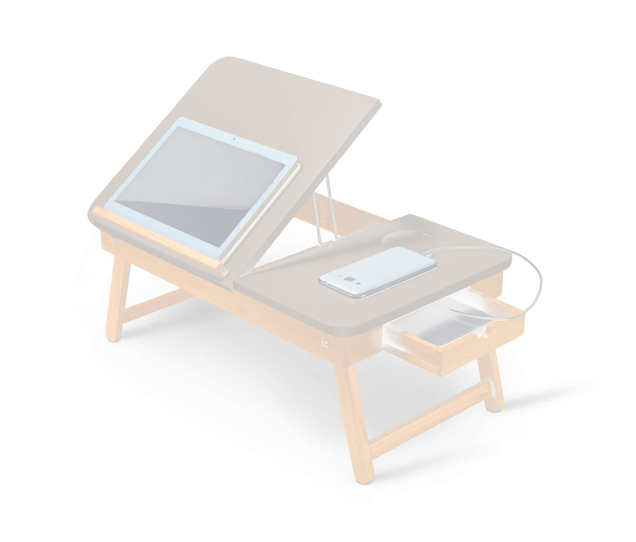 Yatak masasının üzerinde bir tablet ve şarj olan bir telefon bulunuyor.