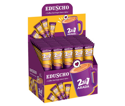 Eduscho 2'si 1 arada hazır kahve içeren bir teşhir standı.