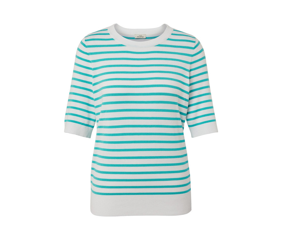 Deniz mavisi çizgili ince örgü kazak