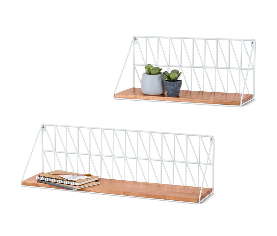 Beyaz tel çerçeveli ve ahşap raflı iki Duvar Rafı Seti.