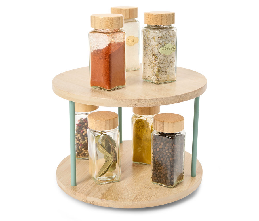 Ahşap kapaklı altı adet cam baharatlıklı döner ahşap stand.