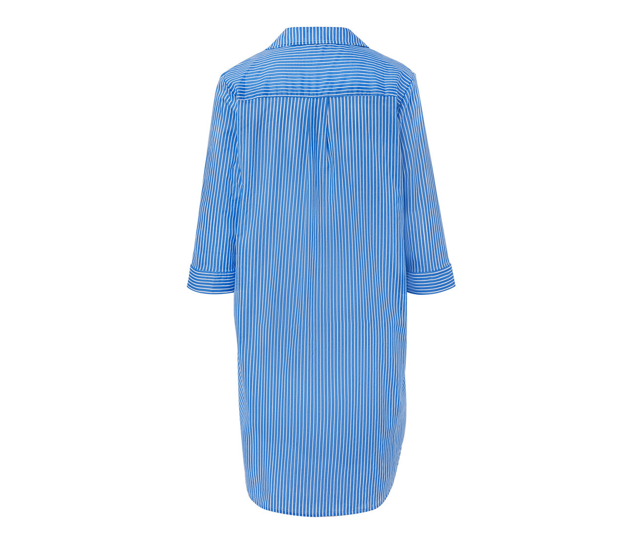 Arkadan görünümü olan mavi beyaz çizgili dokuma gecelik.