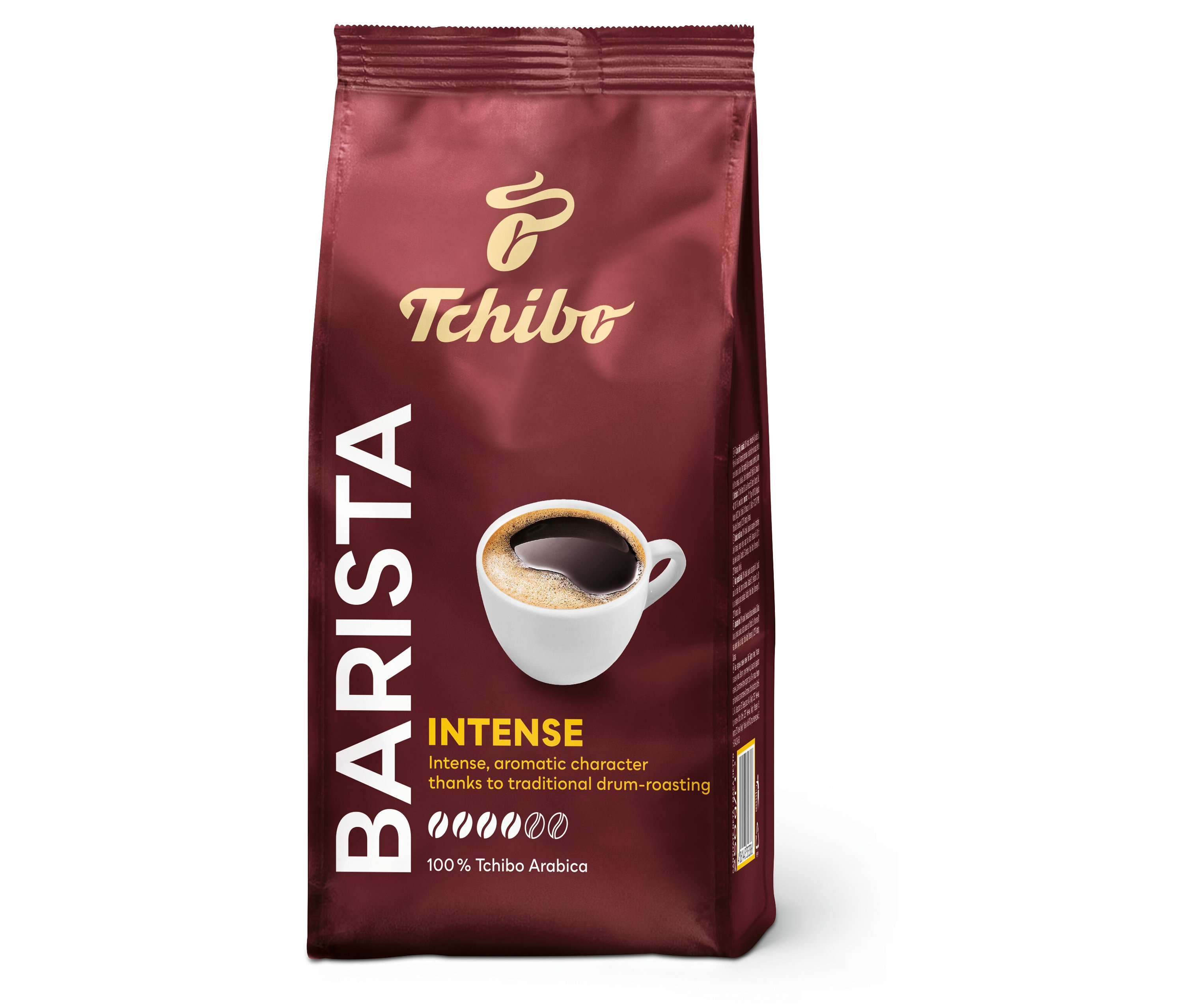 Bir paket Tchibo Barista Intense 250g öğütülmüş kahve. Ambalajın üzerinde bir fincan kahve resmi var.
