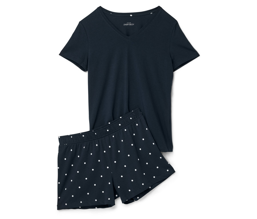 Lacivert, beyaz puantiyeli, tişört ve şorttan oluşan kısa pijama takımı.