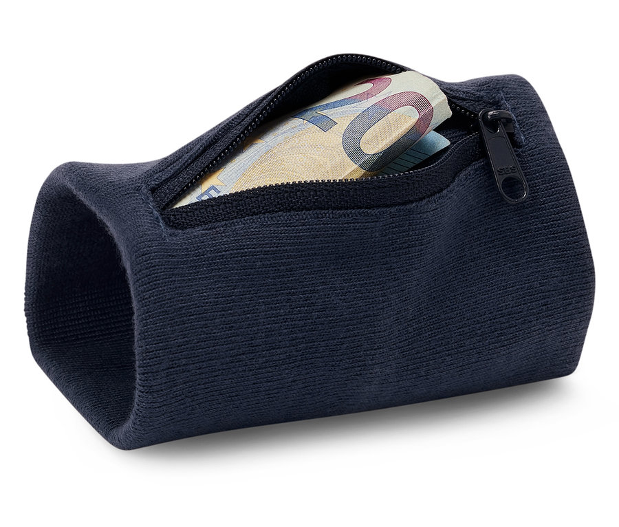 Banknotların görülebildiği fermuarlı cebi olan lacivert bir bileklik.