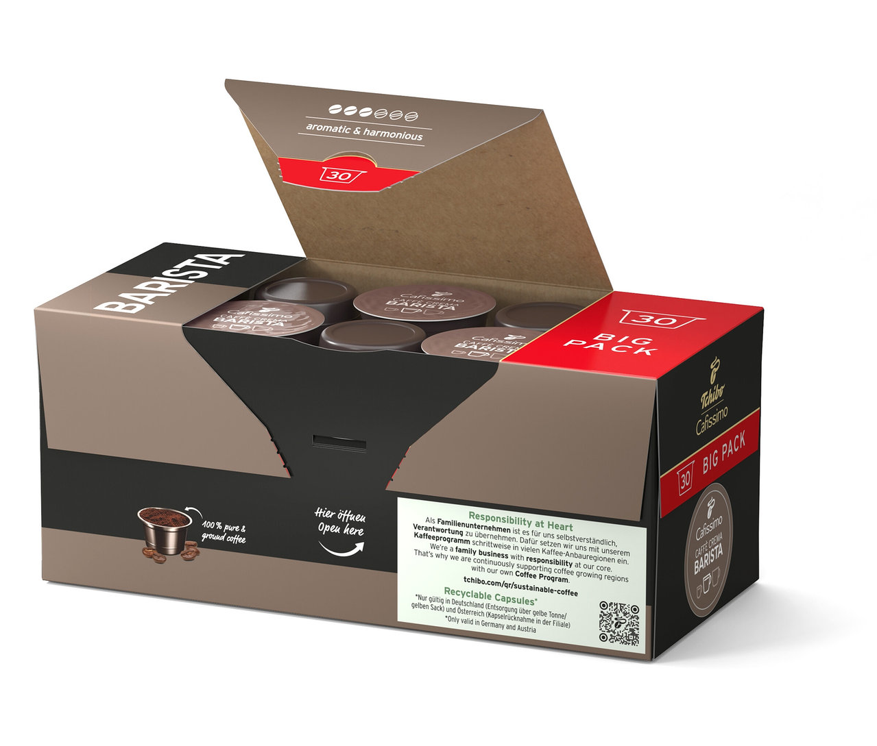 Açılmış kahverengi Tchibo Cafissimo Barista 30'lu kahve kapsülü.