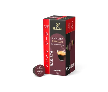 Bir adet Cafissimo BARISTA Espresso - 30 kapsül paketi, tek bir kapsülün yanında duruyor.