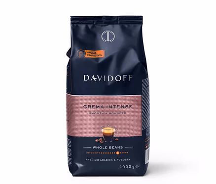 DAVIDOFF CAFÉ Crema Intense kahve çekirdeği (1 kg) için koyu mavi ve pembe ambalaj, üzerinde espresso fincanı ve kahve çekirdekleri, aroma koruması ve 8/10 yoğunluk gösteriliyor.