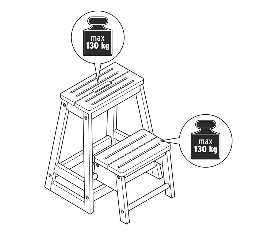 Maksimum 130 kg taşıma kapasitesine sahip, iki basamaklı, ahşap katlanır tabure çizimi.