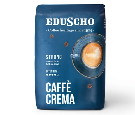 Mavi ambalajlı Eduscho Caffè Crema Strong - 500 g Çekirdek Kahve.