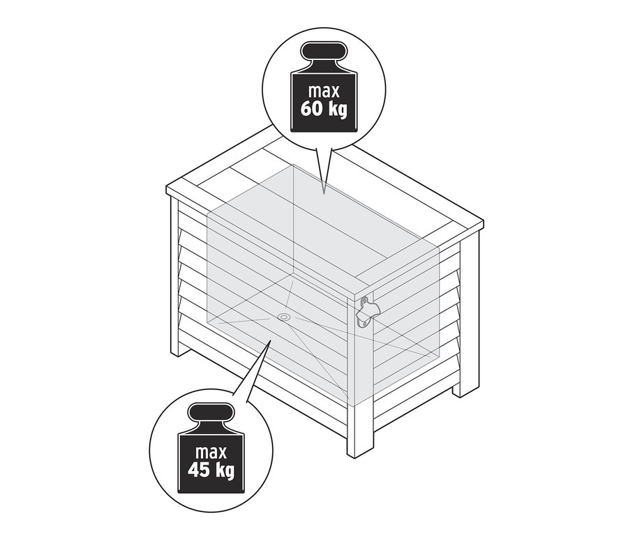 Üstte maksimum 60 kg ve iç kısımda 45 kg taşıma kapasitesine sahip, açacaklı dekoratif soğuk tutma kutusu taslağı.