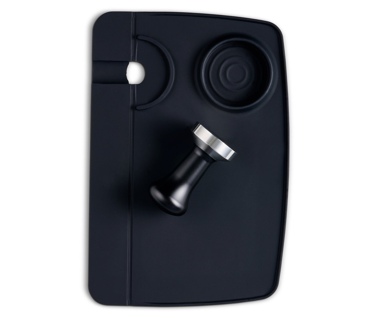 Siyah bir tamper matı ve kahve tamperı.