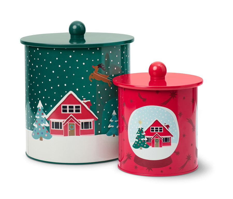 Noel temalı ev ve ağaç desenli 2 adet kurabiye kutusu.