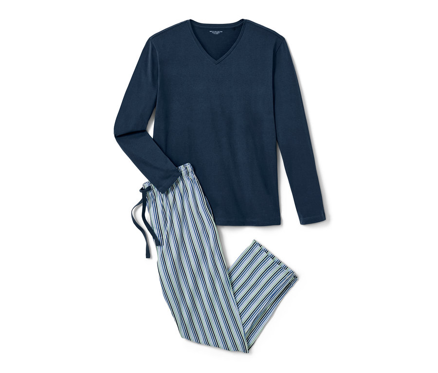 Uzun kollu mavi bir pijama ve çizgili bir pantolon.