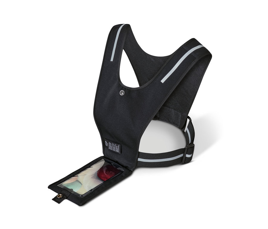 Şeffaf telefon cepli siyah akıllı telefon tutuculu koşu yeleği.