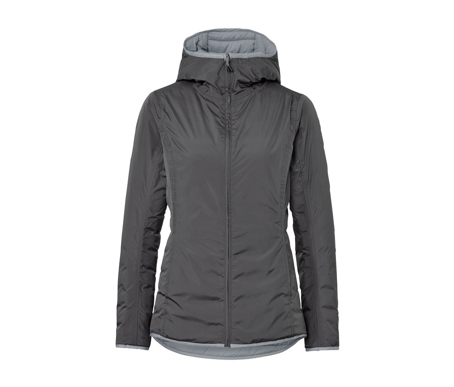 Kapüşonlu gri, su geçirmez, çift taraflı kapitone mont.