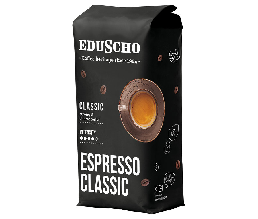 Siyah ambalajlı, 1 kg Eduscho Espresso Classic çekirdek kahve.