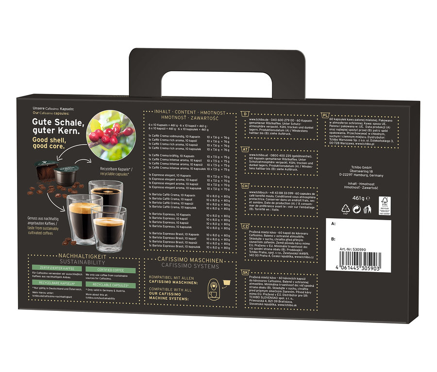 60 kapsül Cafissimo Favourites Collection öğütülmüş kavrulmuş kahve paketi, koruyucu atmosferde paketlenmiştir.