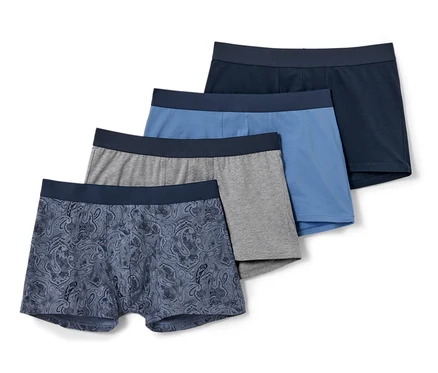 Dört adet slip boxer: biri mavi paisley desenli, biri gri, biri açık mavi ve biri koyu mavi.