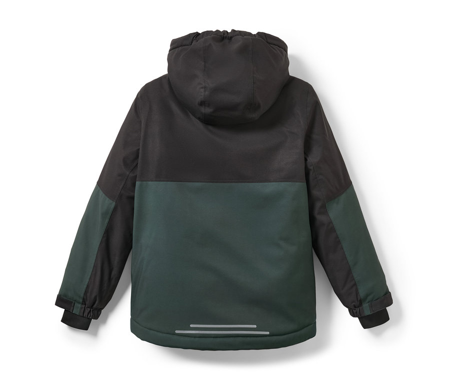 Arkadan görünümü siyah ve yeşil çocuk kayak montu.