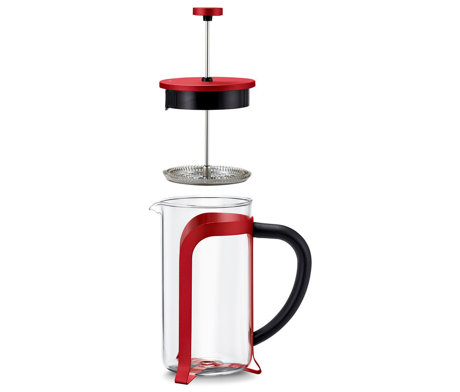 Kırmızı French Press 800 ml, 6 Fincan, parçaları ayrılmış.